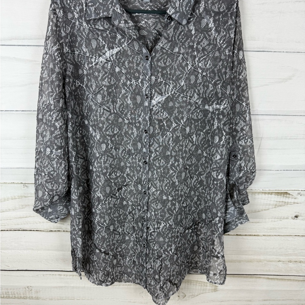 JM Collection Gray shear Button Down Shirt - Picture 7 of 7